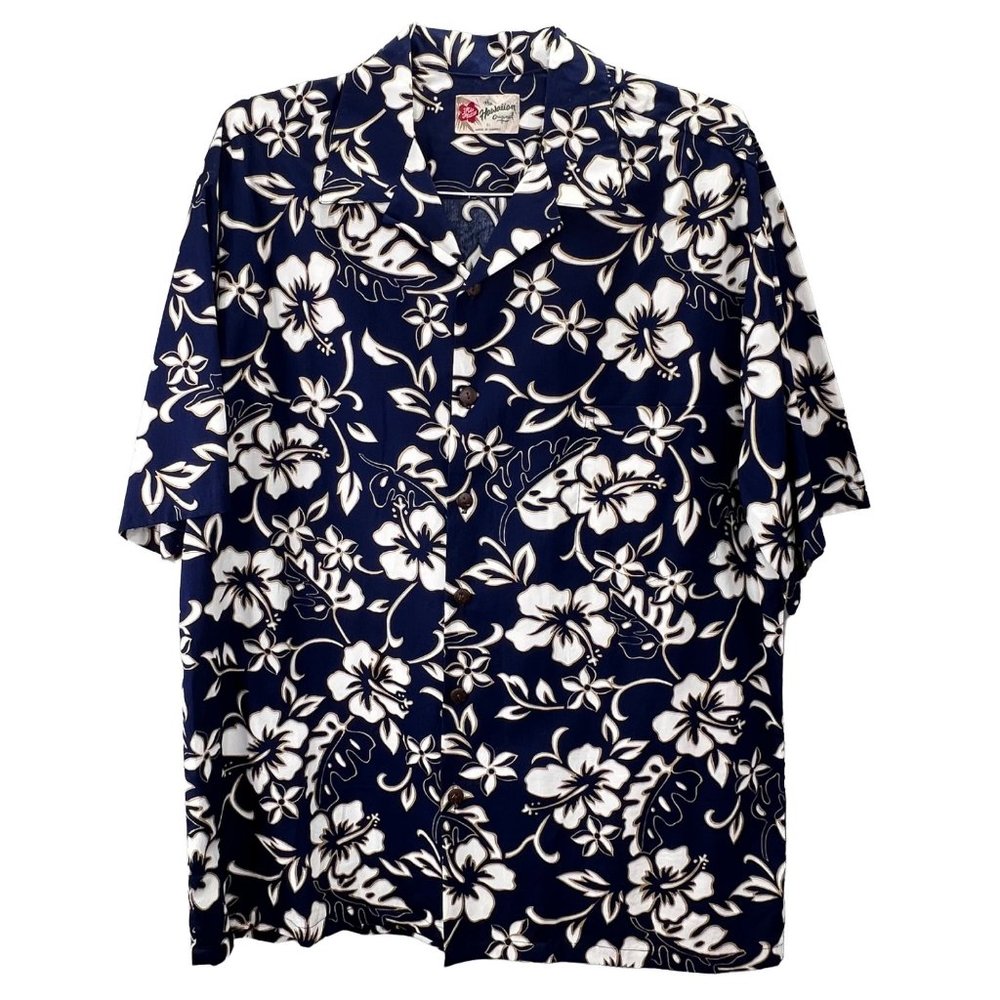 Hilo Hatties Hawaiian Shirt Button Front size XL Men Hibiscus Floral Blue White